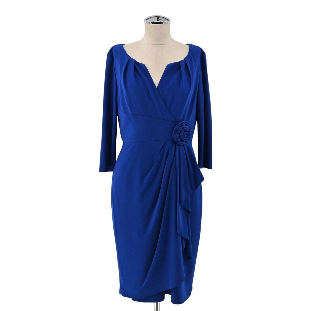 ADRIANNA PAPELL Dress Womens Size 6 Rosette Draped Cascade Solid Indigo‎ Blue